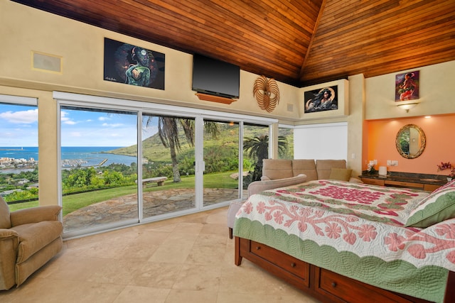 tiled bedroom featuring access to outside, multiple windows, a high ceiling, and wooden ceiling