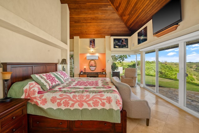 bedroom featuring access to outside, light tile patterned floors, high vaulted ceiling, wood ceiling, and a wall unit AC