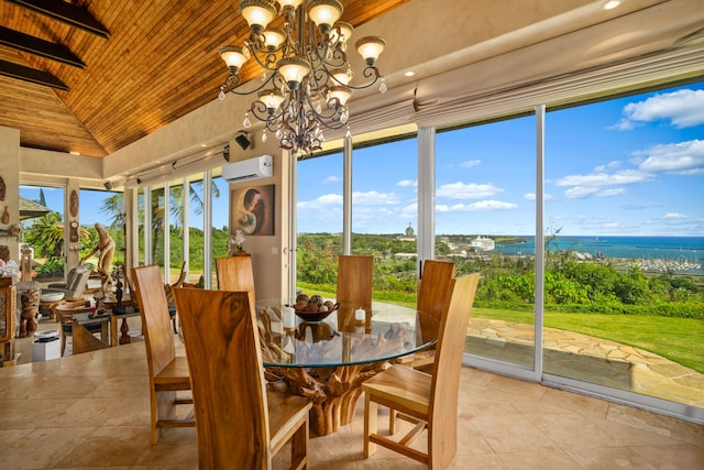 sunroom / solarium with a wall unit AC, a water view, vaulted ceiling, an inviting chandelier, and wooden ceiling