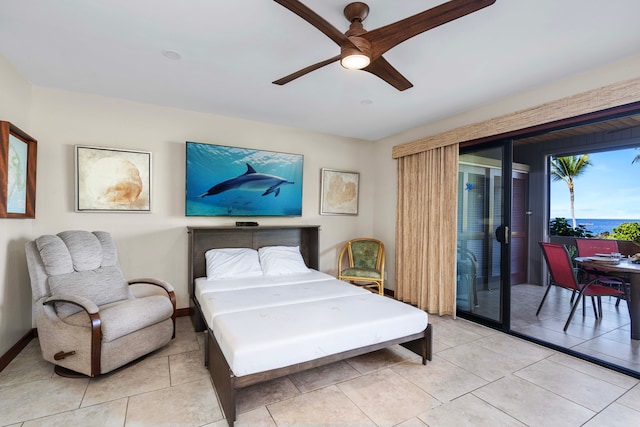 tiled bedroom with access to exterior and ceiling fan