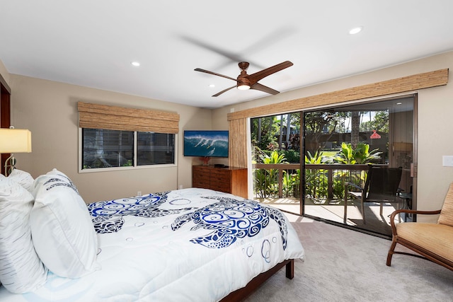 bedroom featuring ceiling fan, access to exterior, and carpet