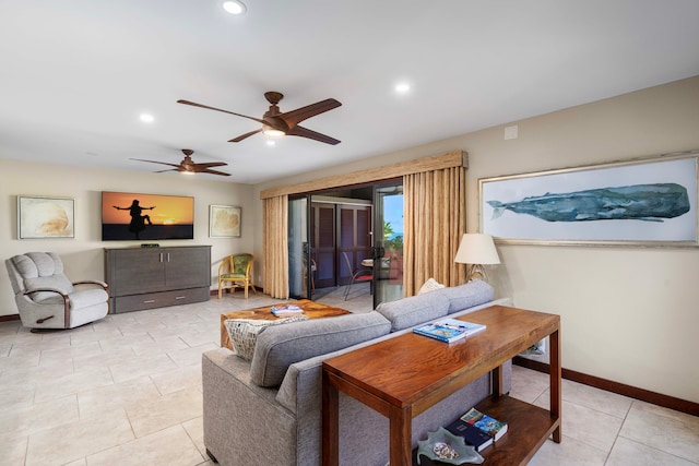 living room with light tile patterned floors and ceiling fan