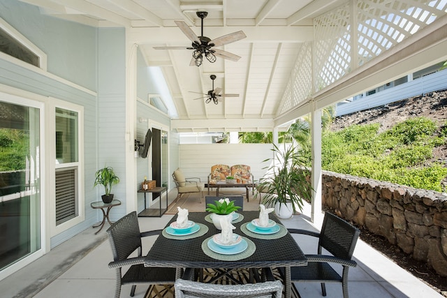 exterior space featuring ceiling fan