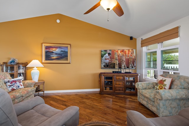 living room featuring ceiling fan, vaulted ceiling, and hardwood / wood-style flooring