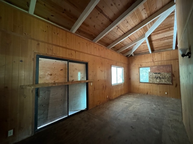 interior space with vaulted ceiling with beams, wood walls, and wooden ceiling