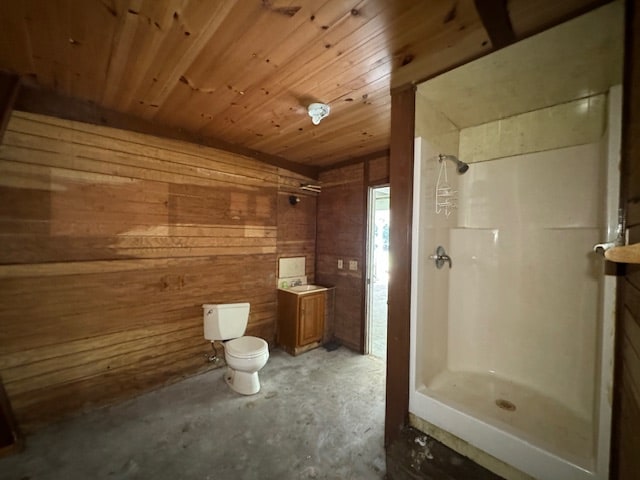 bathroom with wooden ceiling, a shower, toilet, and wooden walls