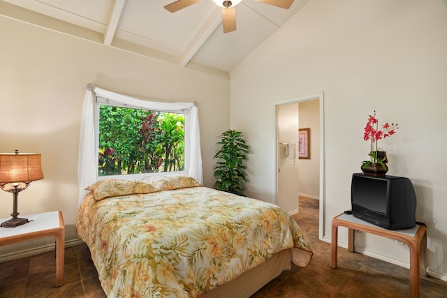 bedroom with beamed ceiling, ceiling fan, and high vaulted ceiling