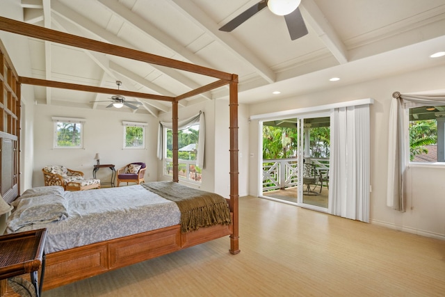 bedroom with lofted ceiling with beams, light hardwood / wood-style flooring, ceiling fan, and access to exterior