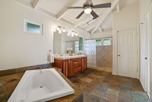 bathroom with shower with separate bathtub, vanity, vaulted ceiling with beams, and ceiling fan