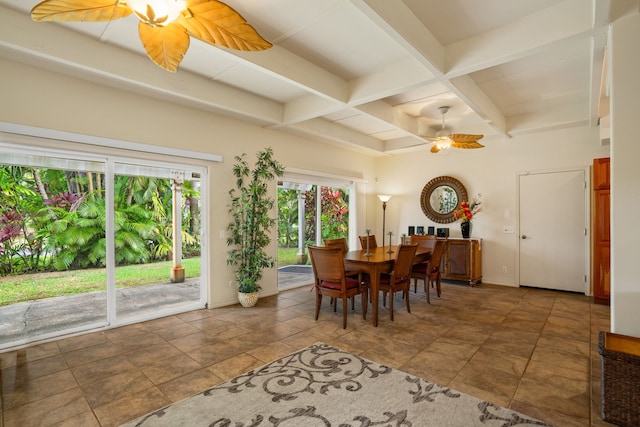 tiled dining room featuring ceiling fan, beam ceiling, and coffered ceiling