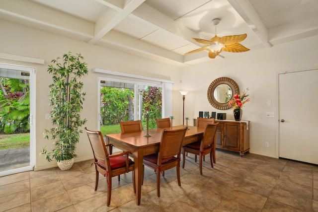 tiled dining space featuring beamed ceiling and ceiling fan