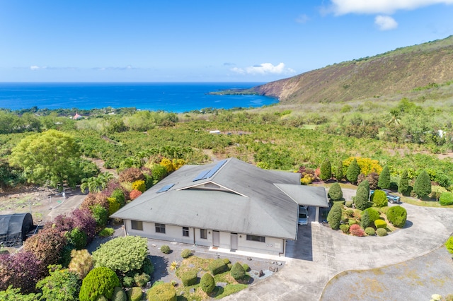 aerial view featuring a water view