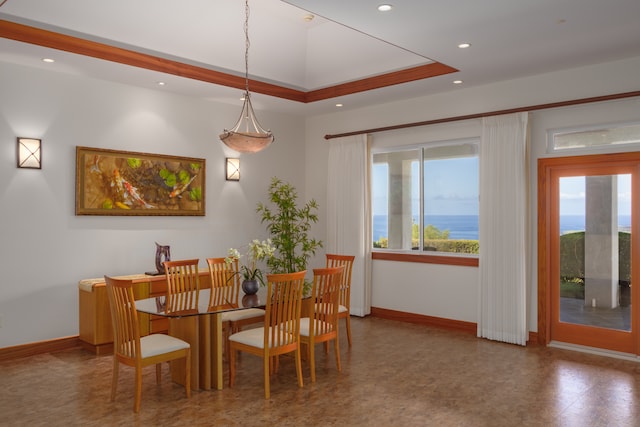 dining space featuring a tray ceiling