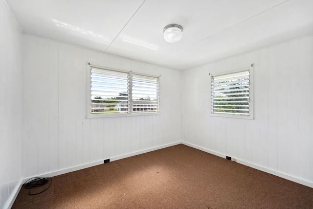 empty room featuring wooden walls and carpet