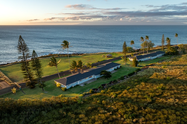 aerial view at dusk with a water view