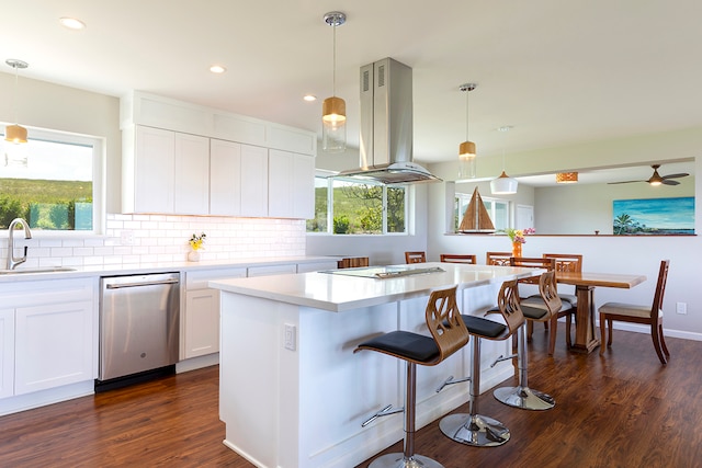 kitchen with stainless steel dishwasher, island range hood, white cabinets, and a wealth of natural light