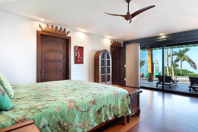 bedroom featuring access to exterior, multiple windows, ceiling fan, and lofted ceiling