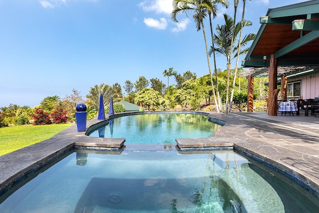 view of swimming pool featuring an in ground hot tub and a patio