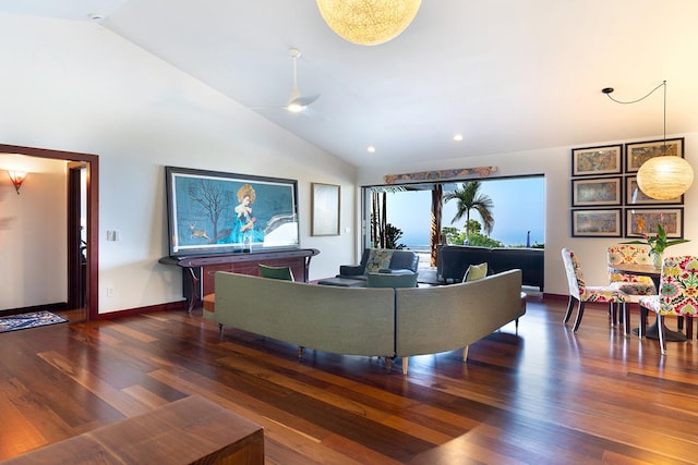 living room with ceiling fan, high vaulted ceiling, and dark hardwood / wood-style floors