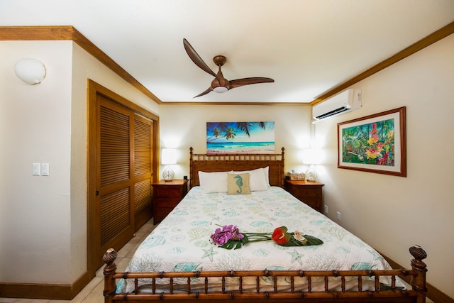 bedroom featuring ceiling fan, crown molding, a wall mounted AC, and a closet