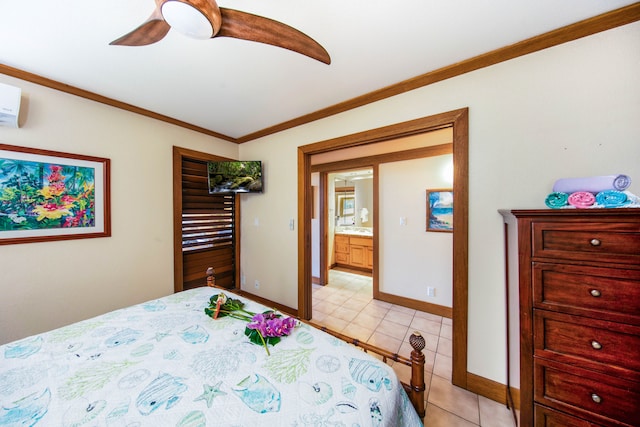 tiled bedroom featuring connected bathroom, ceiling fan, and crown molding