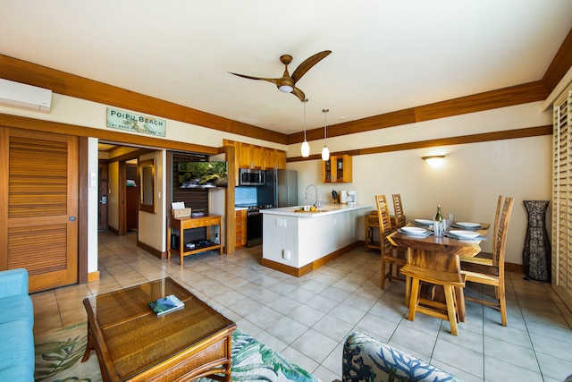 living room with a wall unit AC, ceiling fan, sink, and light tile patterned flooring