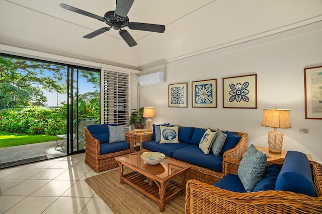 living room with ceiling fan, light tile patterned floors, and an AC wall unit