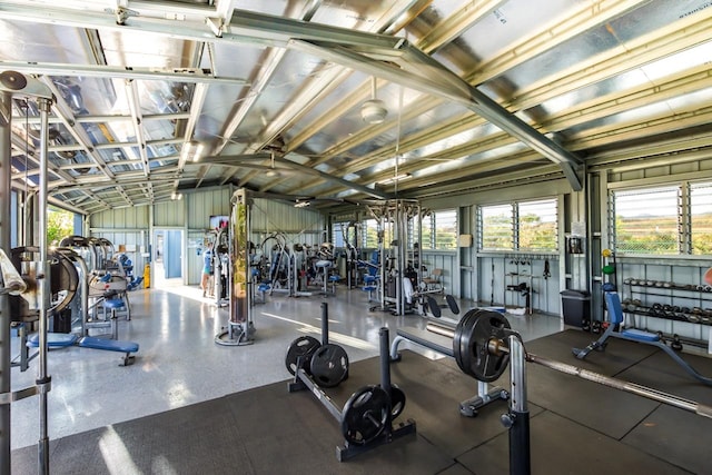 gym featuring lofted ceiling