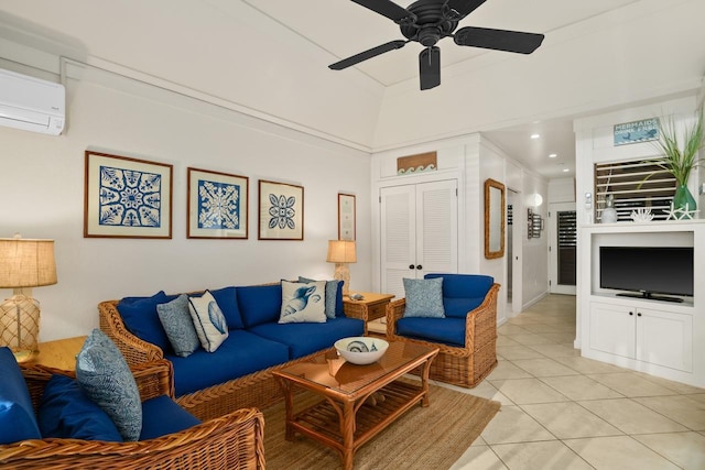 tiled living room with ceiling fan and a wall unit AC