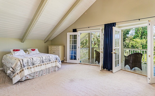 carpeted bedroom featuring lofted ceiling with beams, access to outside, and french doors