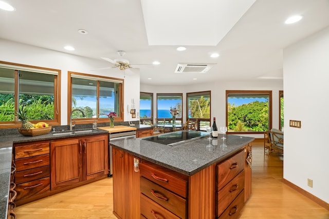 kitchen featuring plenty of natural light, sink, light hardwood / wood-style flooring, and a kitchen island