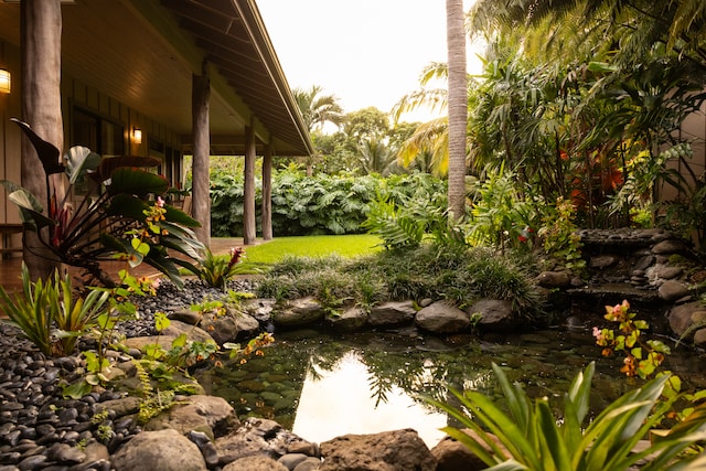 view of yard featuring a garden pond