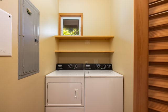 laundry area with electric panel and washer and dryer