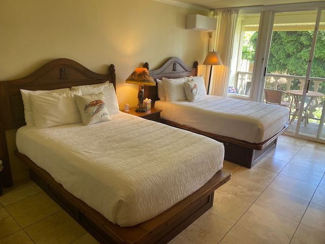 tiled bedroom with ornamental molding, a wall mounted AC, and access to exterior