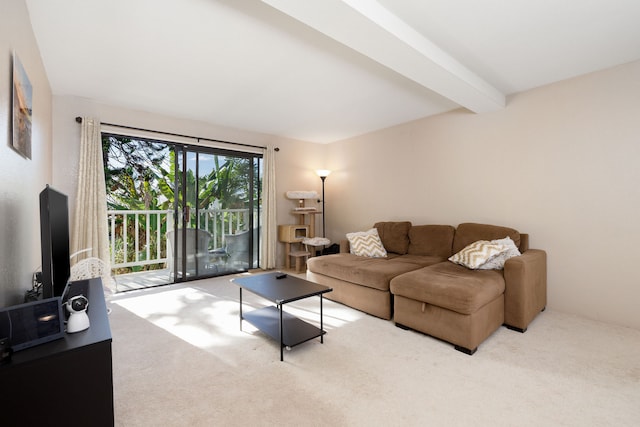 living room featuring light colored carpet and beam ceiling