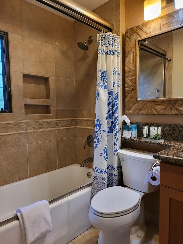 full bathroom featuring vanity, shower / tub combo, tile patterned flooring, and toilet