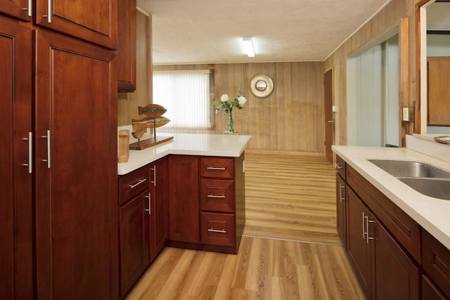 kitchen featuring sink, light hardwood / wood-style floors, a textured ceiling, and wood walls