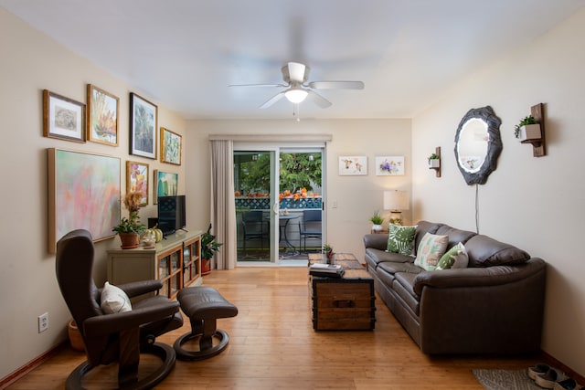 living room featuring ceiling fan and light hardwood / wood-style flooring