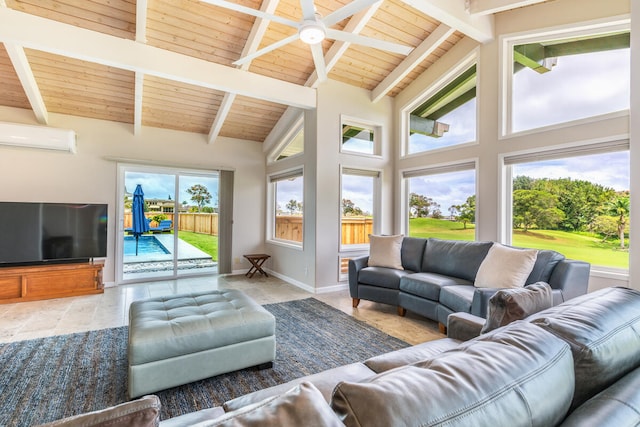 living room featuring a wall mounted AC, plenty of natural light, high vaulted ceiling, and beam ceiling