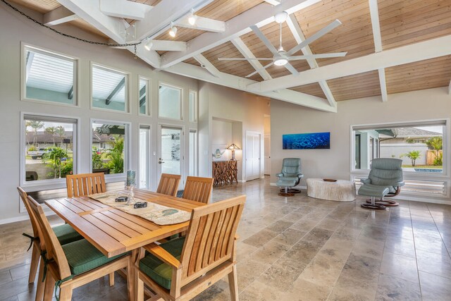 dining space featuring ceiling fan, a healthy amount of sunlight, wood ceiling, and high vaulted ceiling