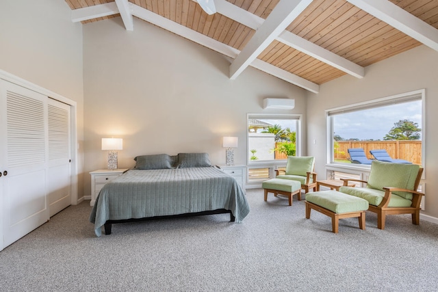 carpeted bedroom with a closet, high vaulted ceiling, wood ceiling, beamed ceiling, and a wall unit AC