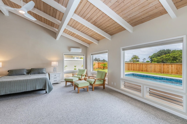 bedroom featuring a wall unit AC, beam ceiling, high vaulted ceiling, and carpet