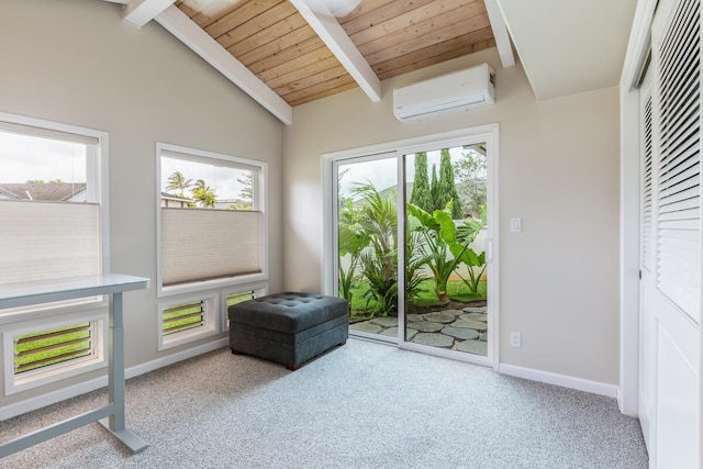 sunroom / solarium with a wall unit AC, plenty of natural light, wood ceiling, and lofted ceiling with beams