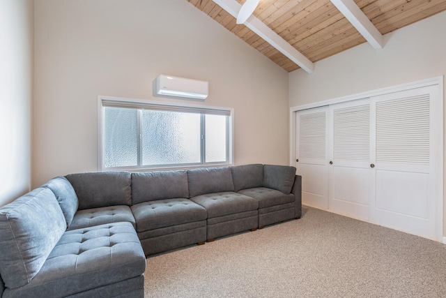 carpeted living room featuring high vaulted ceiling, beamed ceiling, wooden ceiling, and a wall mounted AC