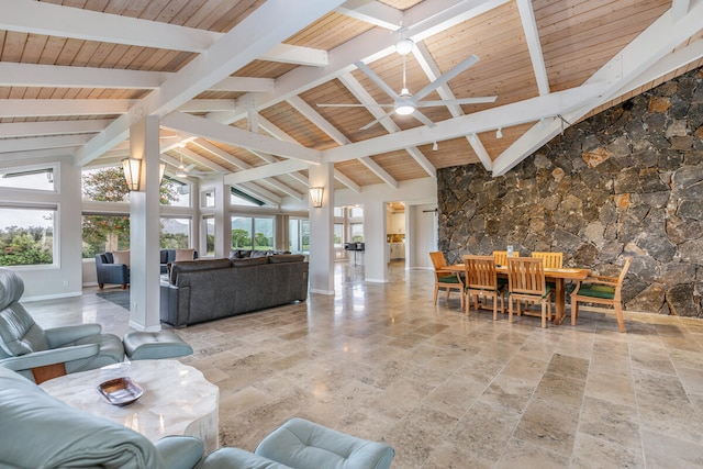 living room featuring high vaulted ceiling, beamed ceiling, wooden ceiling, and ceiling fan