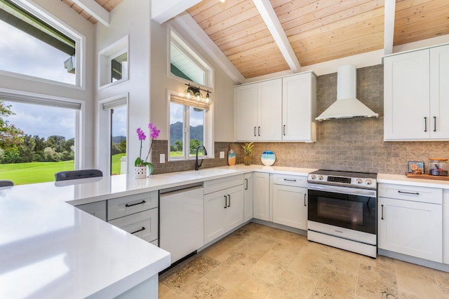 kitchen featuring sink, stainless steel range with electric cooktop, dishwashing machine, wall chimney range hood, and beam ceiling