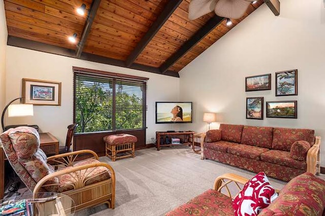 living room with carpet flooring, beam ceiling, ceiling fan, and wooden ceiling