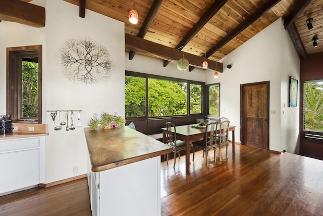 dining space featuring beam ceiling, wood ceiling, dark wood-type flooring, and high vaulted ceiling