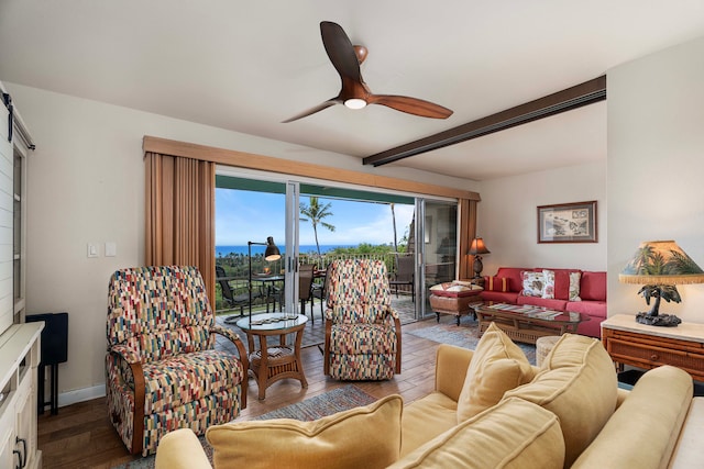 living room featuring beam ceiling, hardwood / wood-style flooring, and ceiling fan