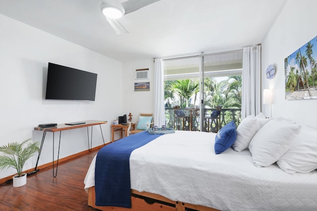 bedroom with dark wood-type flooring, ceiling fan, and access to outside